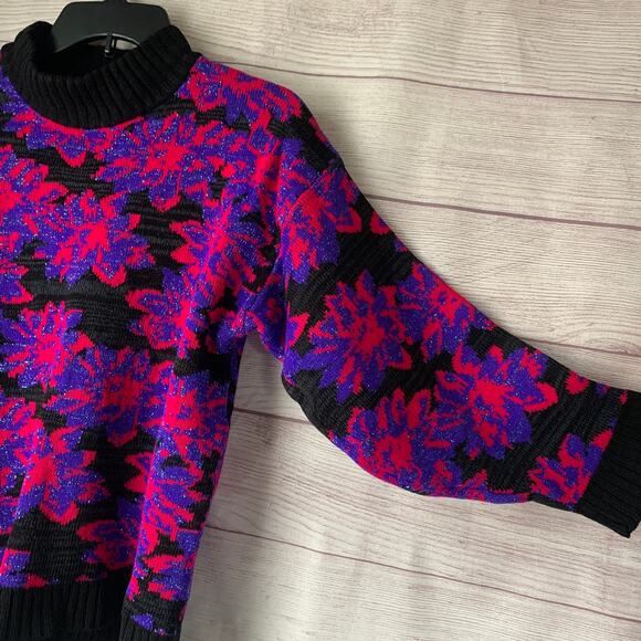 Vintage Floral Sweater Mock Turtleneck 80s 90s Neon Pink Purple Glitter Retro - Picture 13 of 15